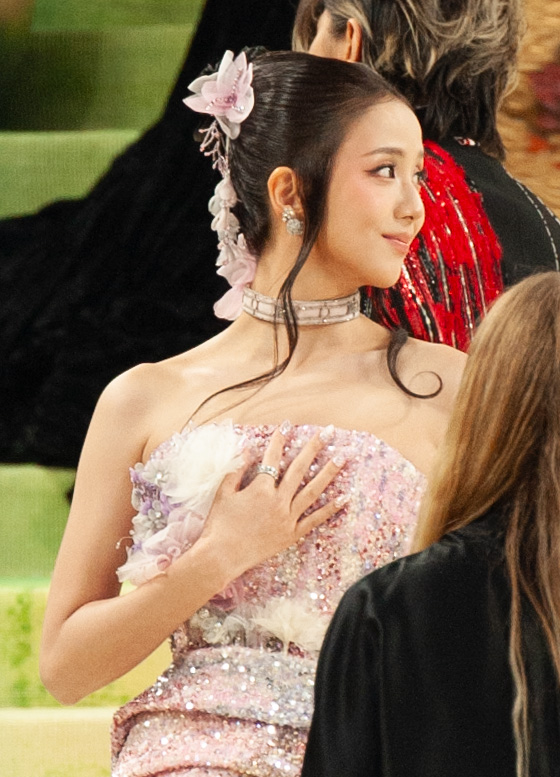 Jisoo at the 2026 Met Gala in a pink embroidered Dior column gown