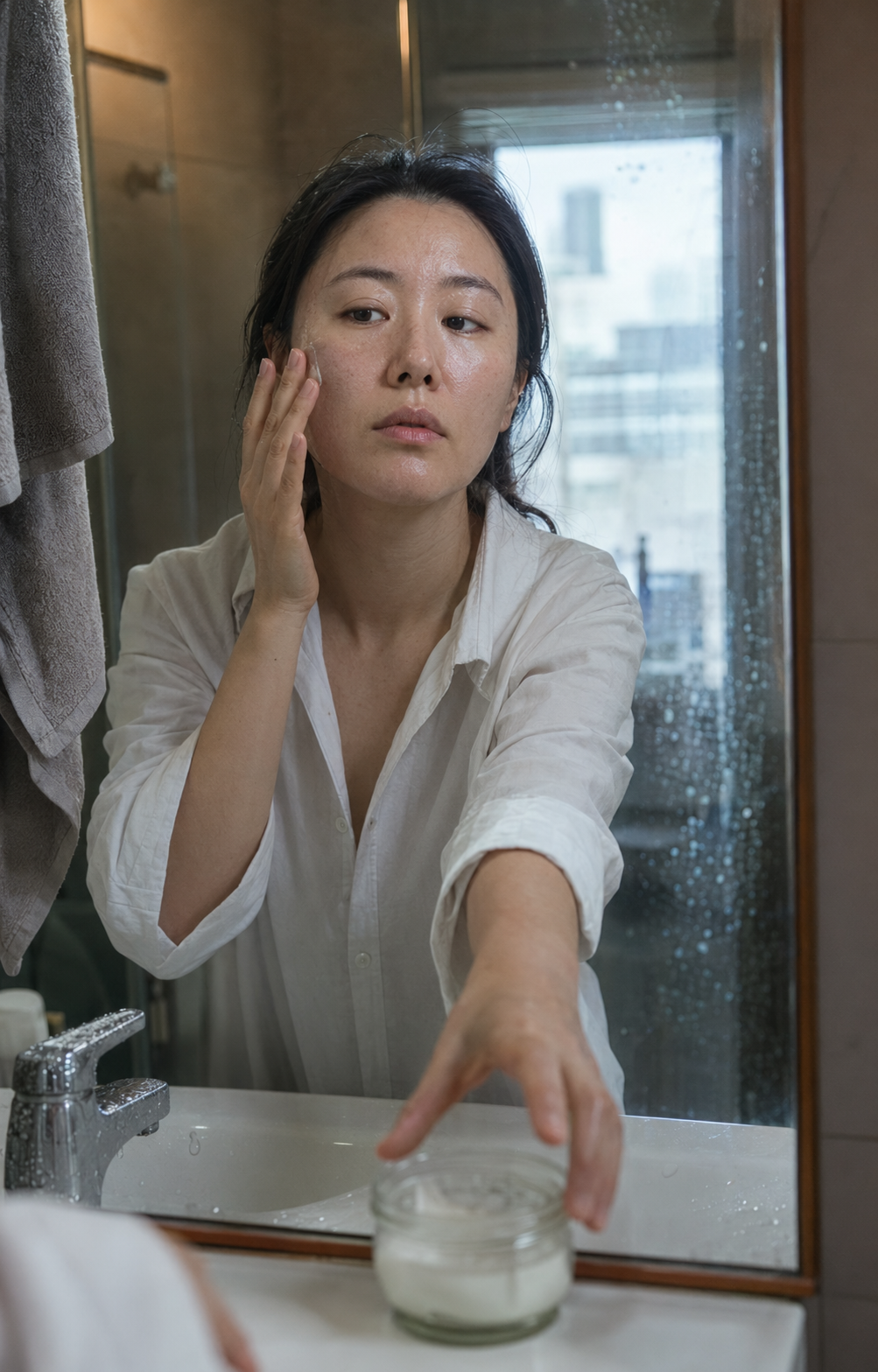 A Korean woman applies moisturizer during a candid morning routine
