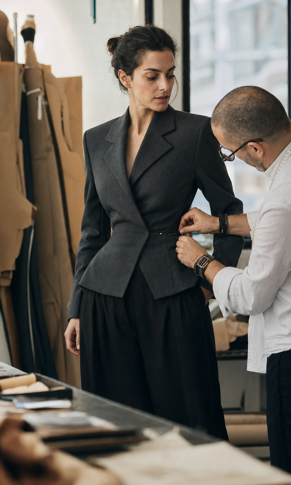 A tailor pins a charcoal sculpted blazer in a working atelier