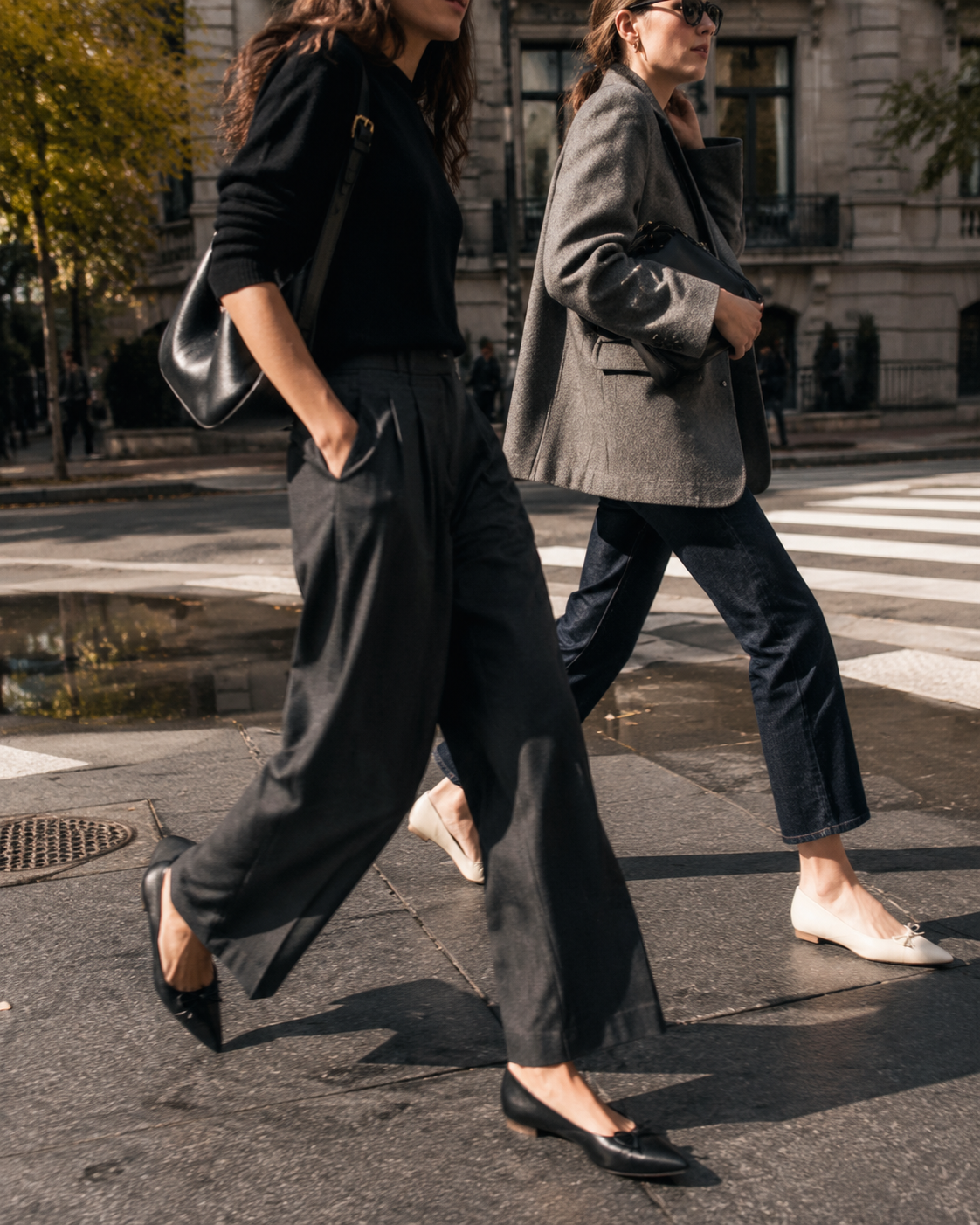 Two women cross a New York street in sharp flats and fluid trousers